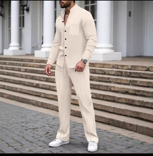 Men's Waffle Knit Stand - Up Neck Cardigan & Pants Set - GLITCH - BELLE