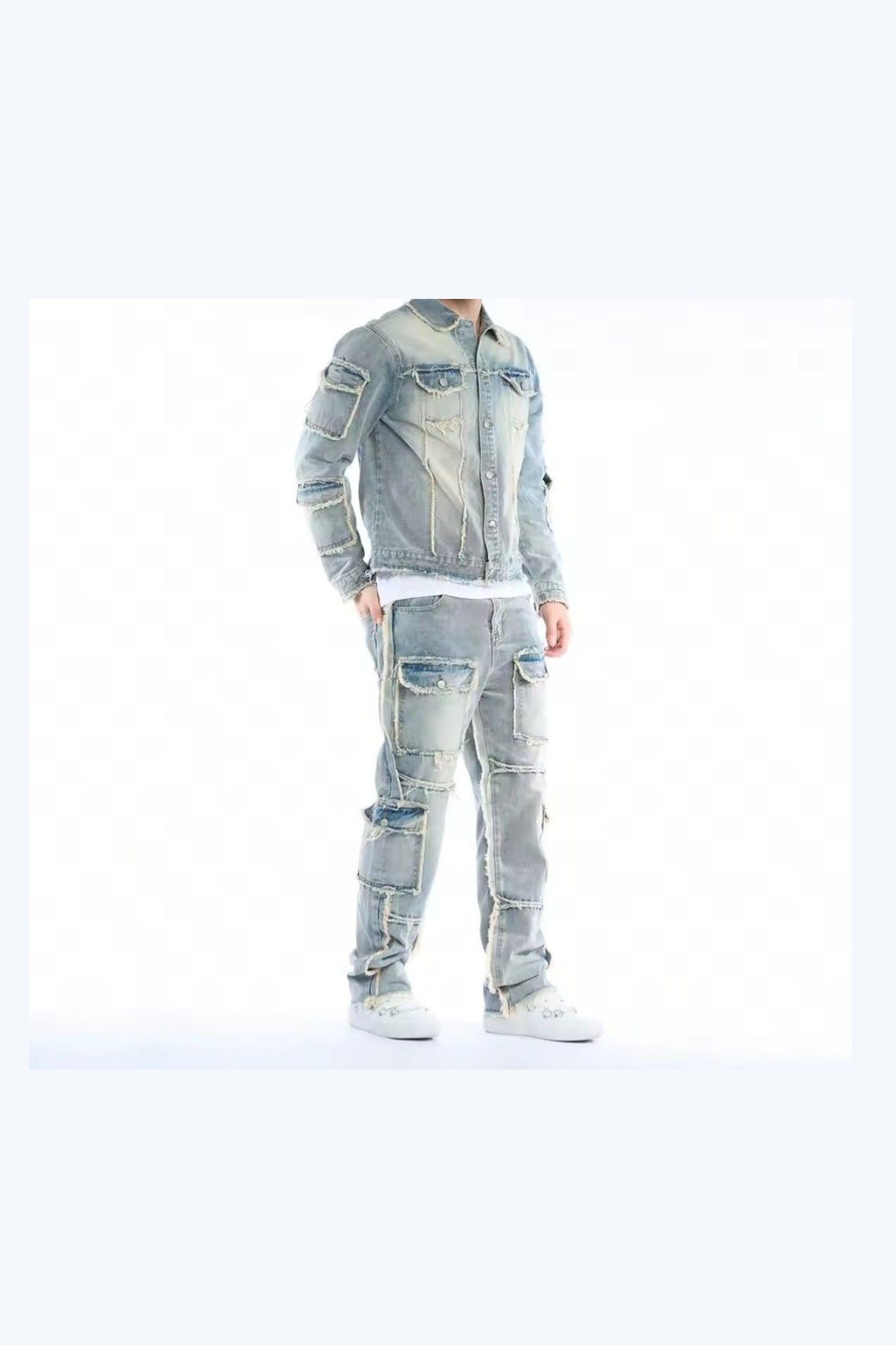 Men's Washed Denim Two-Piece Set – Jacket & Cargo Jeans - GLITCH-BELLE