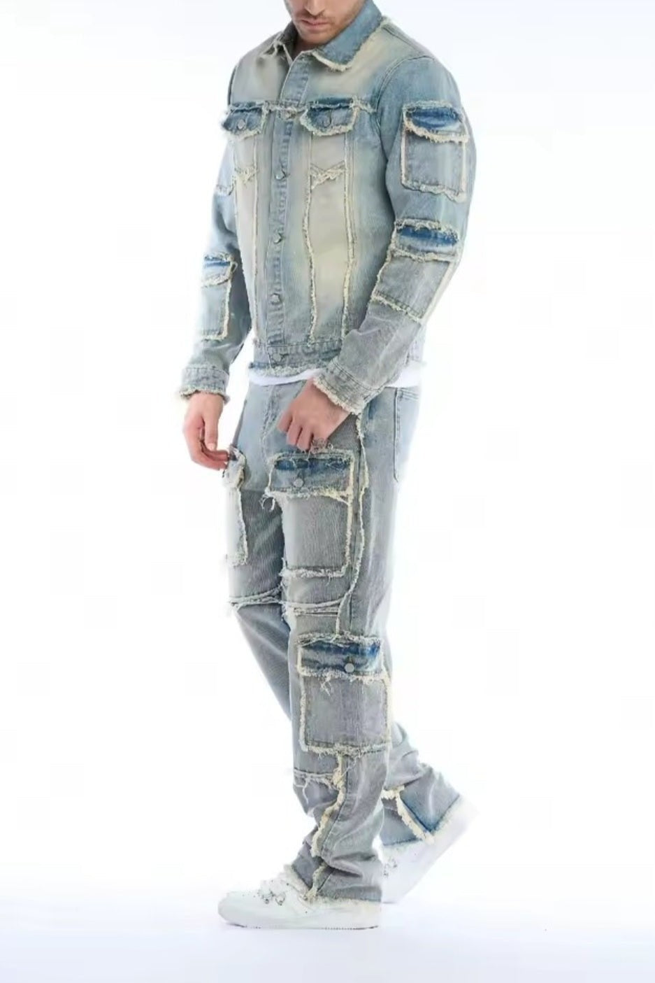 Men's Washed Denim Two-Piece Set – Jacket & Cargo Jeans - GLITCH-BELLE
