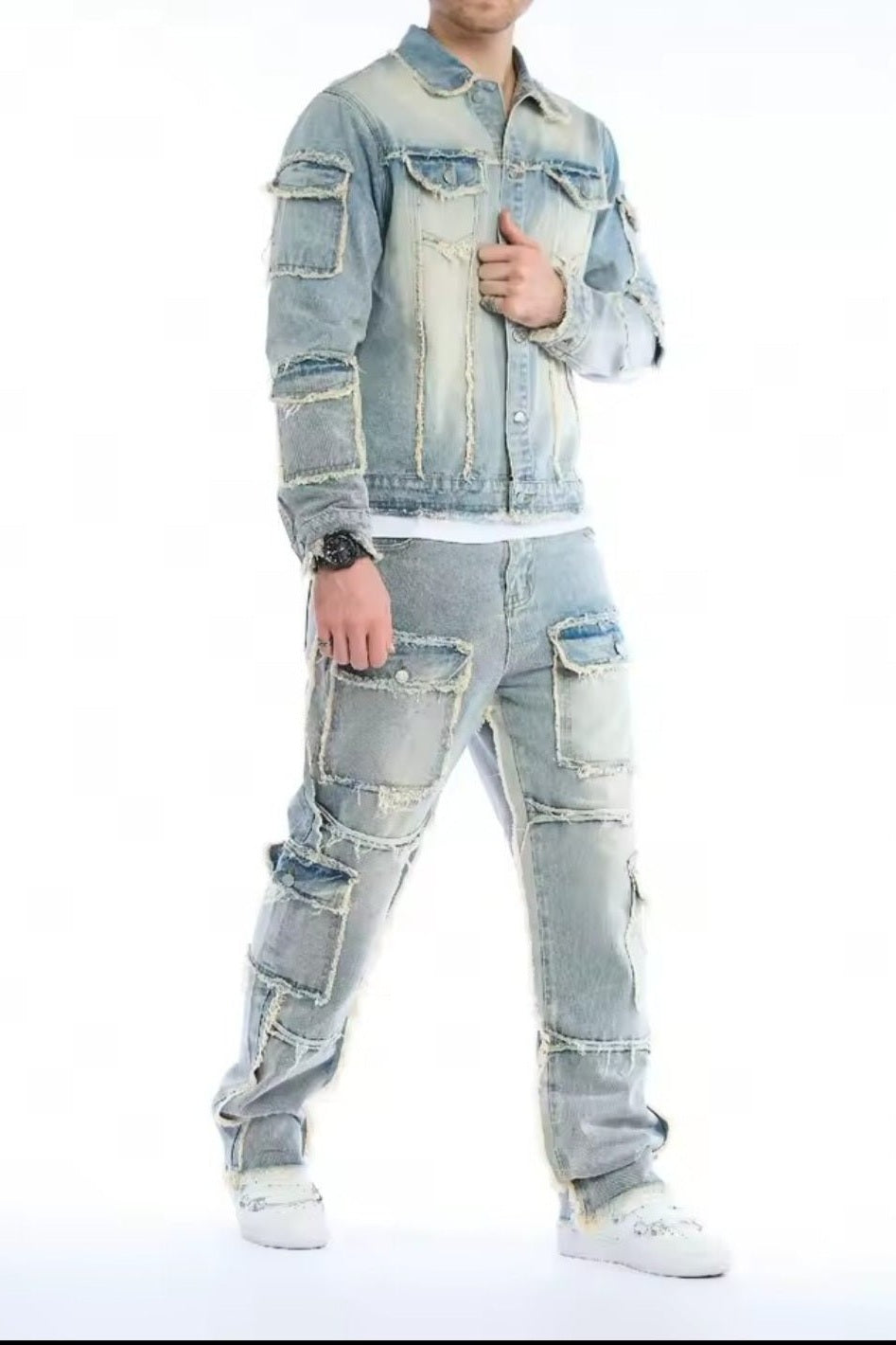 Men's Washed Denim Two-Piece Set – Jacket & Cargo Jeans - GLITCH-BELLE