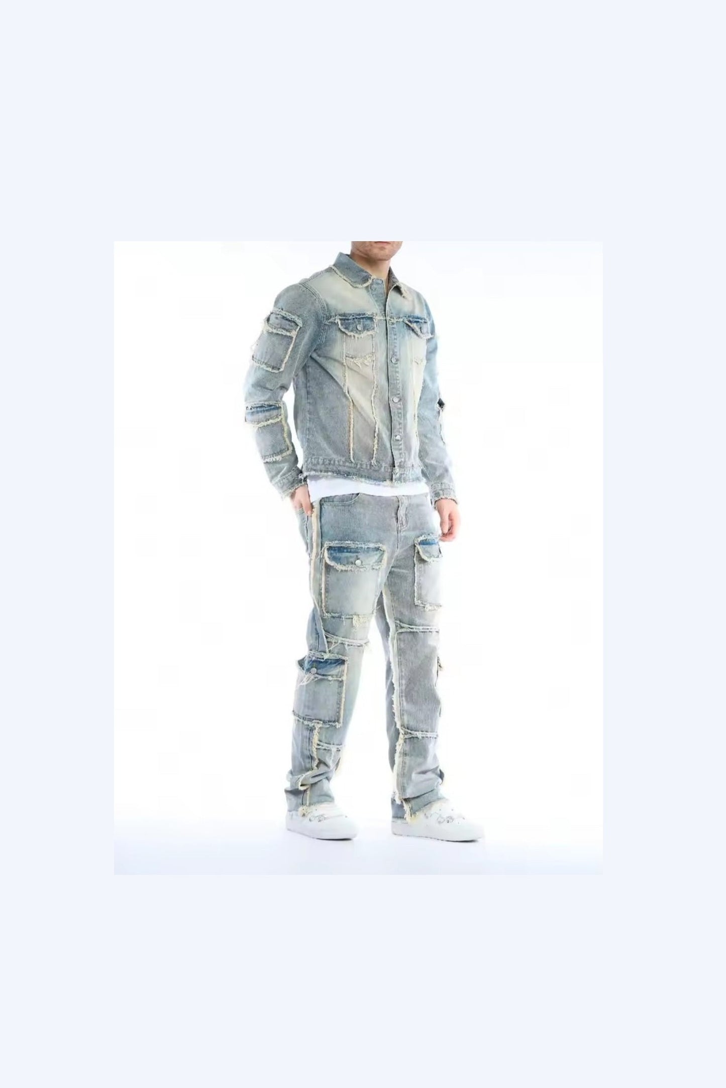Men's Washed Denim Two-Piece Set – Jacket & Cargo Jeans - GLITCH-BELLE