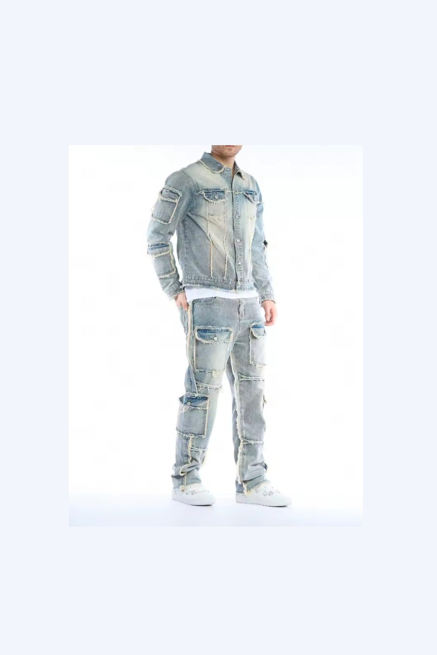 Men's Washed Denim Two-Piece Set – Jacket & Cargo Jeans - GLITCH-BELLE