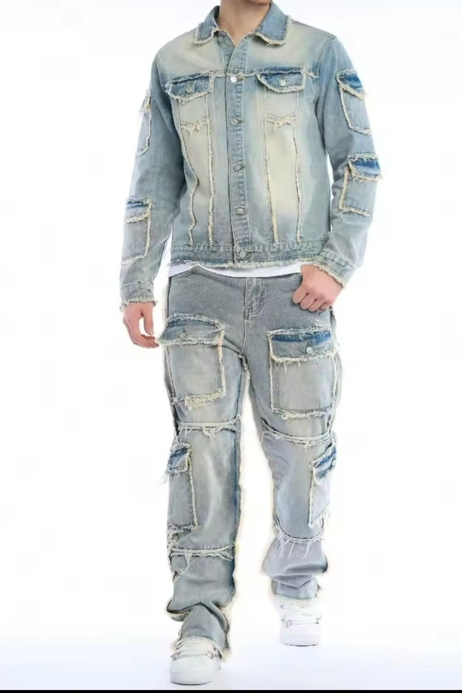 Men's Washed Denim Two-Piece Set – Jacket & Cargo Jeans - GLITCH-BELLE