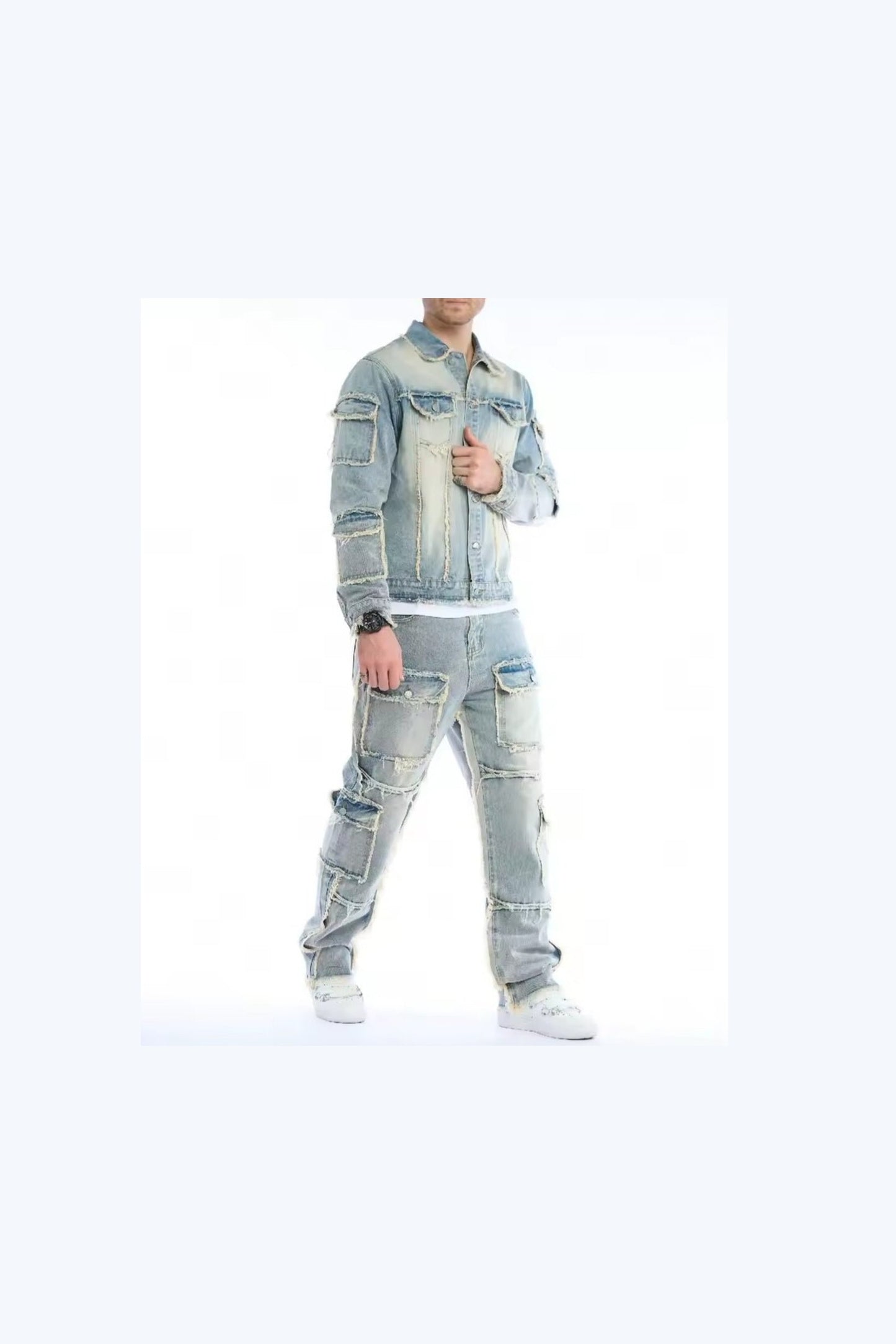 Men's Washed Denim Two-Piece Set – Jacket & Cargo Jeans - GLITCH-BELLE