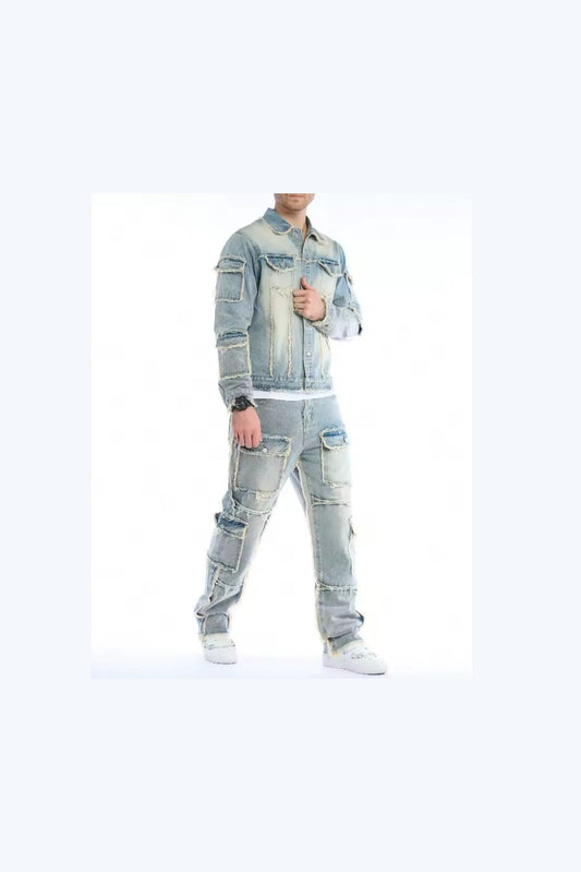 Men's Washed Denim Two-Piece Set – Jacket & Cargo Jeans - GLITCH-BELLE