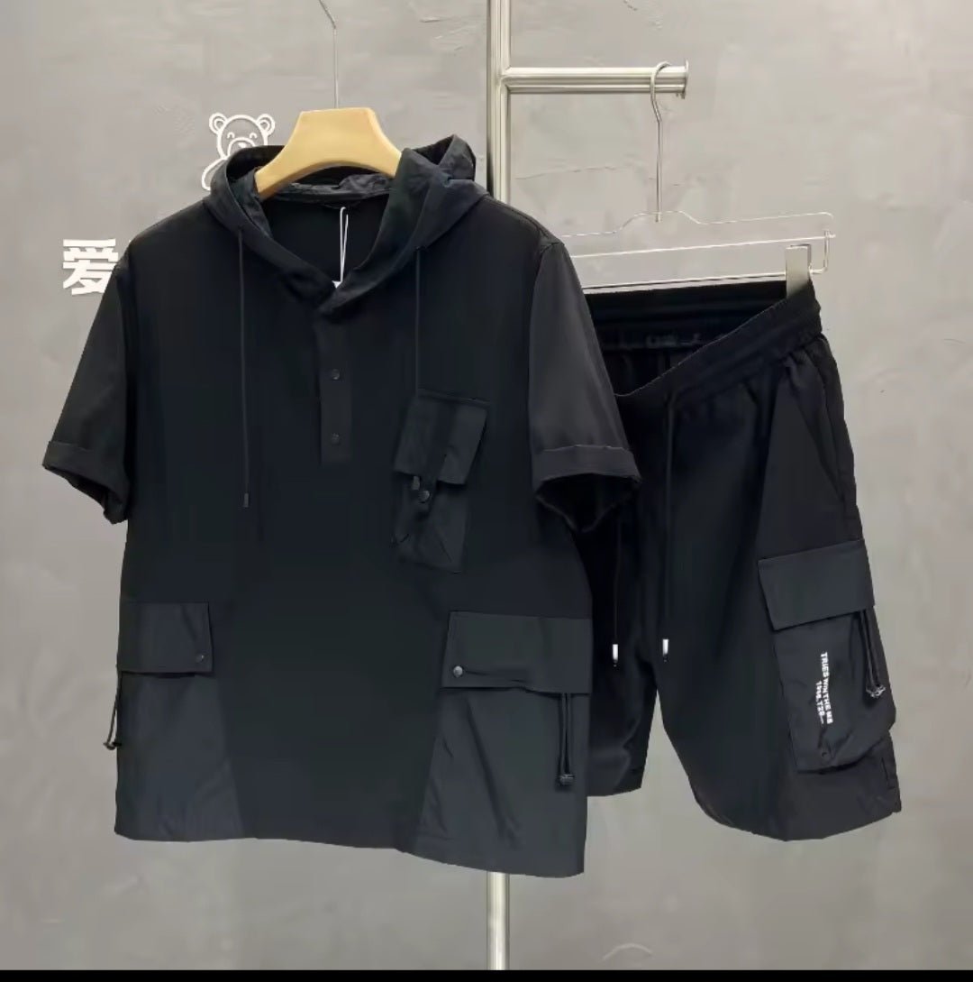 Men's Workwear Two - Piece Set – Short Sleeve Hoodie & Cargo Shorts - GLITCH - BELLE