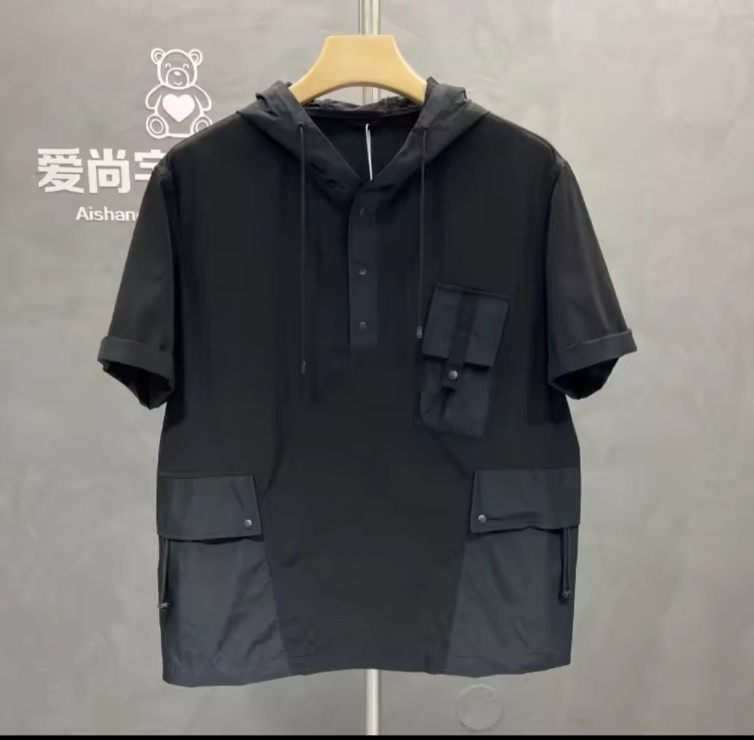 Men's Workwear Two - Piece Set – Short Sleeve Hoodie & Cargo Shorts - GLITCH - BELLE