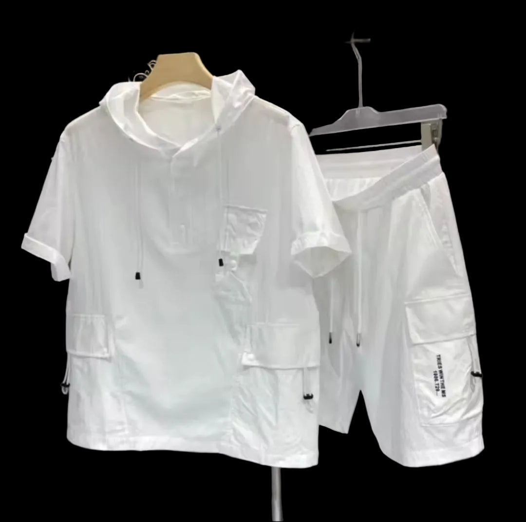 Men's Workwear Two - Piece Set – Short Sleeve Hoodie & Cargo Shorts - GLITCH - BELLE