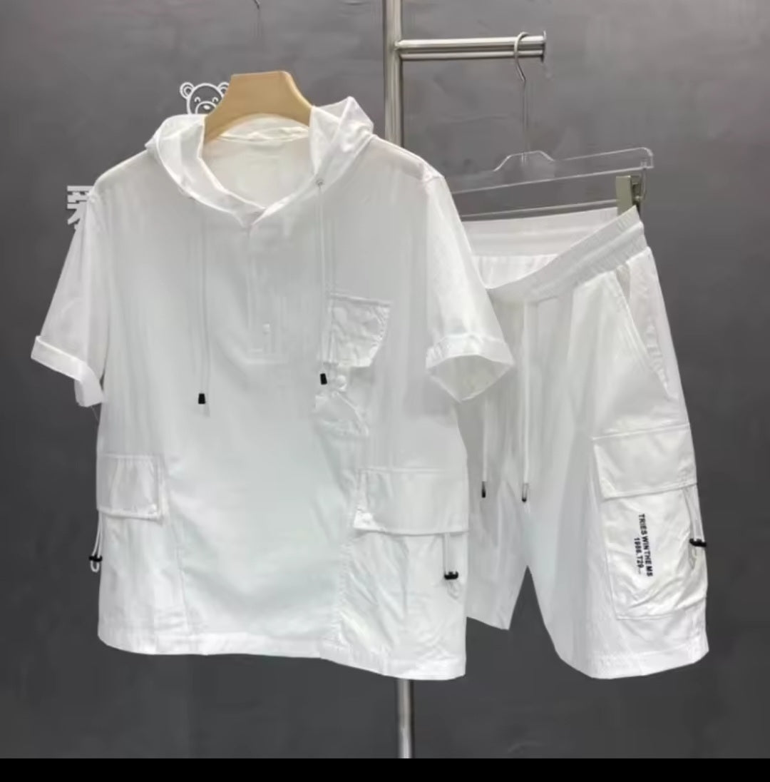 Men's Workwear Two - Piece Set – Short Sleeve Hoodie & Cargo Shorts - GLITCH - BELLE