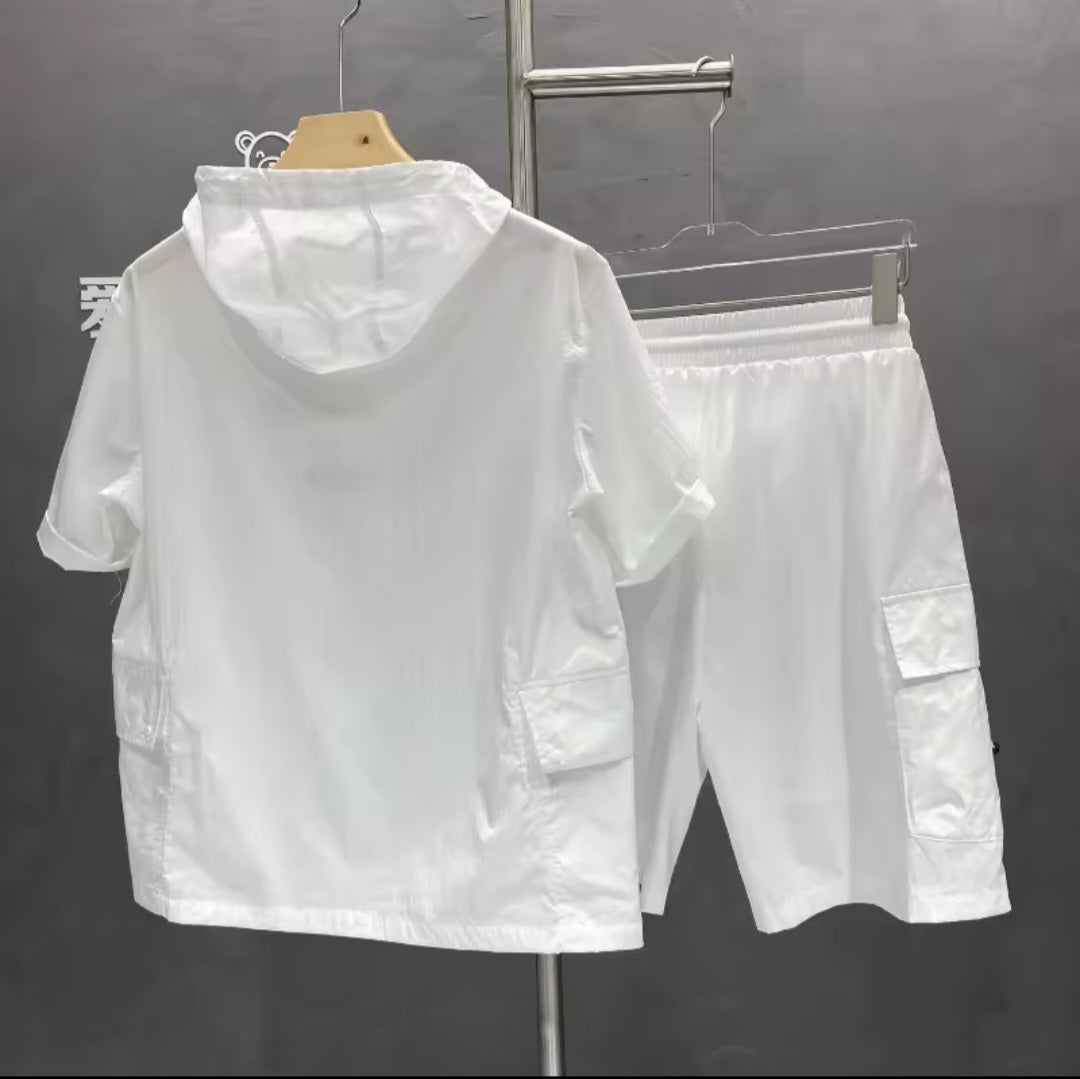 Men's Workwear Two - Piece Set – Short Sleeve Hoodie & Cargo Shorts - GLITCH - BELLE