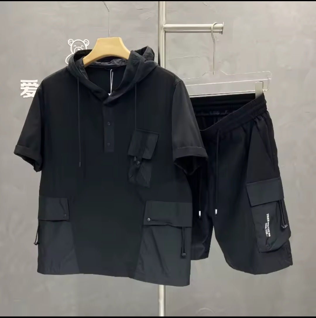 Men's Workwear Two - Piece Set – Short Sleeve Hoodie & Cargo Shorts - GLITCH - BELLE