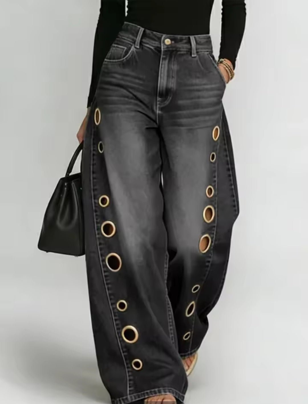 Metal Grommet Wide Leg Jeans – High - Waist Streetwear Denim - GLITCH - BELLE