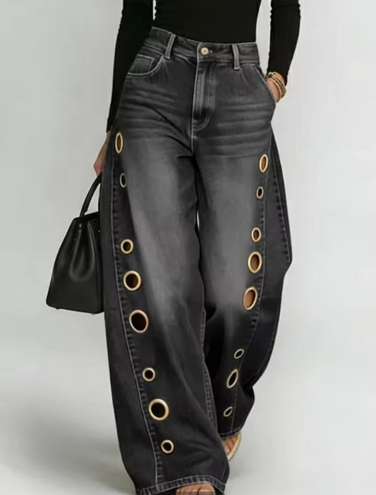 Metal Grommet Wide Leg Jeans – High - Waist Streetwear Denim - GLITCH - BELLE