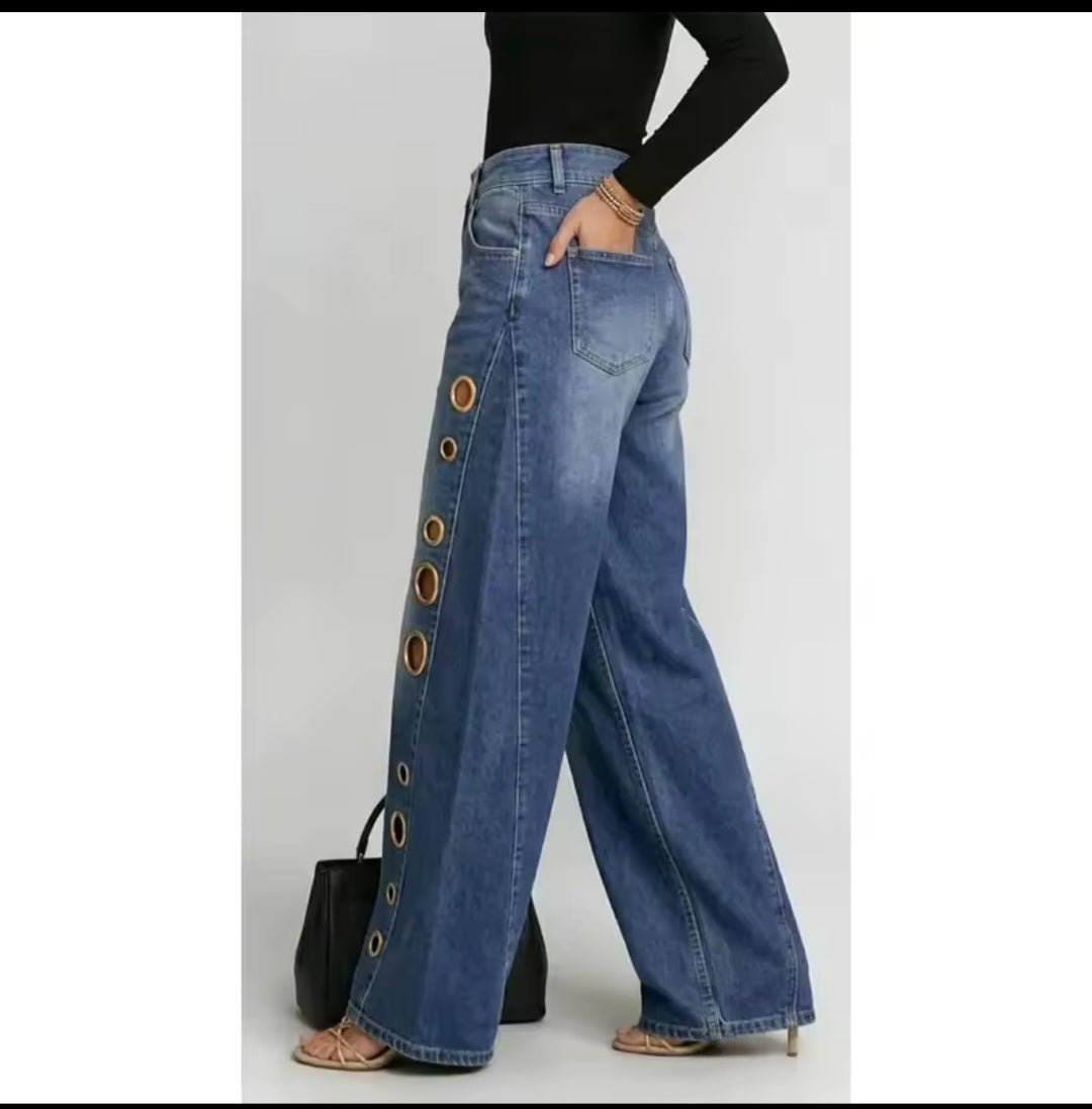 Metal Grommet Wide Leg Jeans – High - Waist Streetwear Denim - GLITCH - BELLE