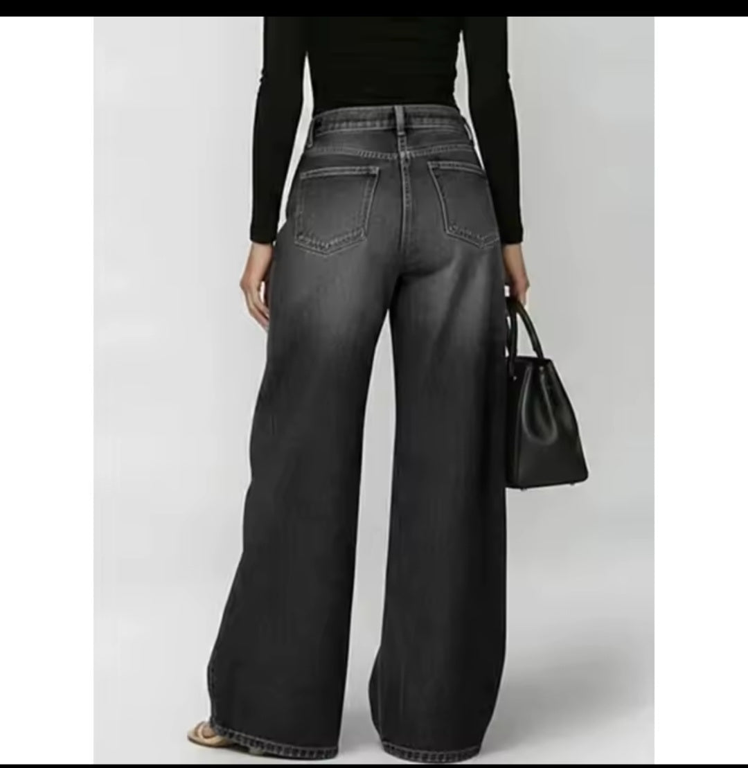 Metal Grommet Wide Leg Jeans – High - Waist Streetwear Denim - GLITCH - BELLE