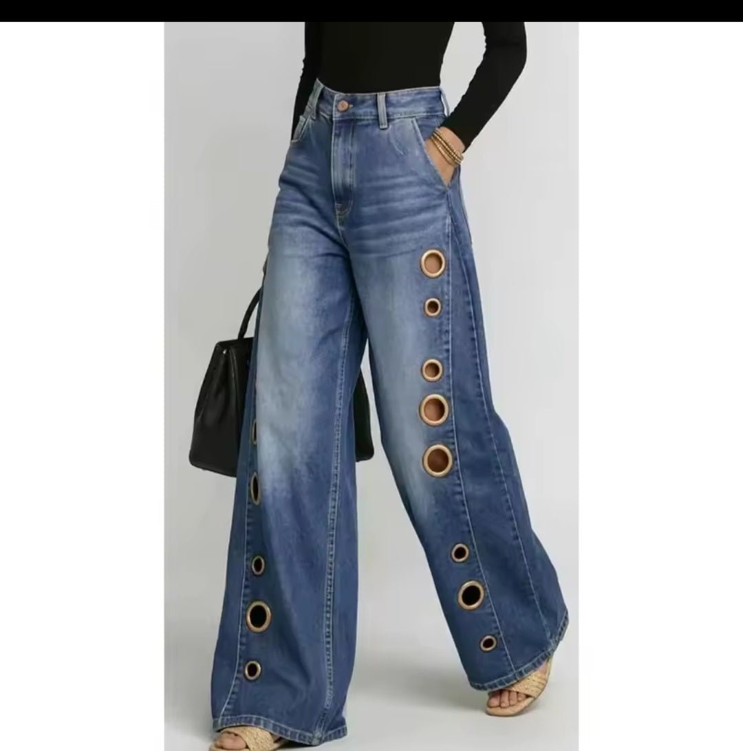 Metal Grommet Wide Leg Jeans – High - Waist Streetwear Denim - GLITCH - BELLE