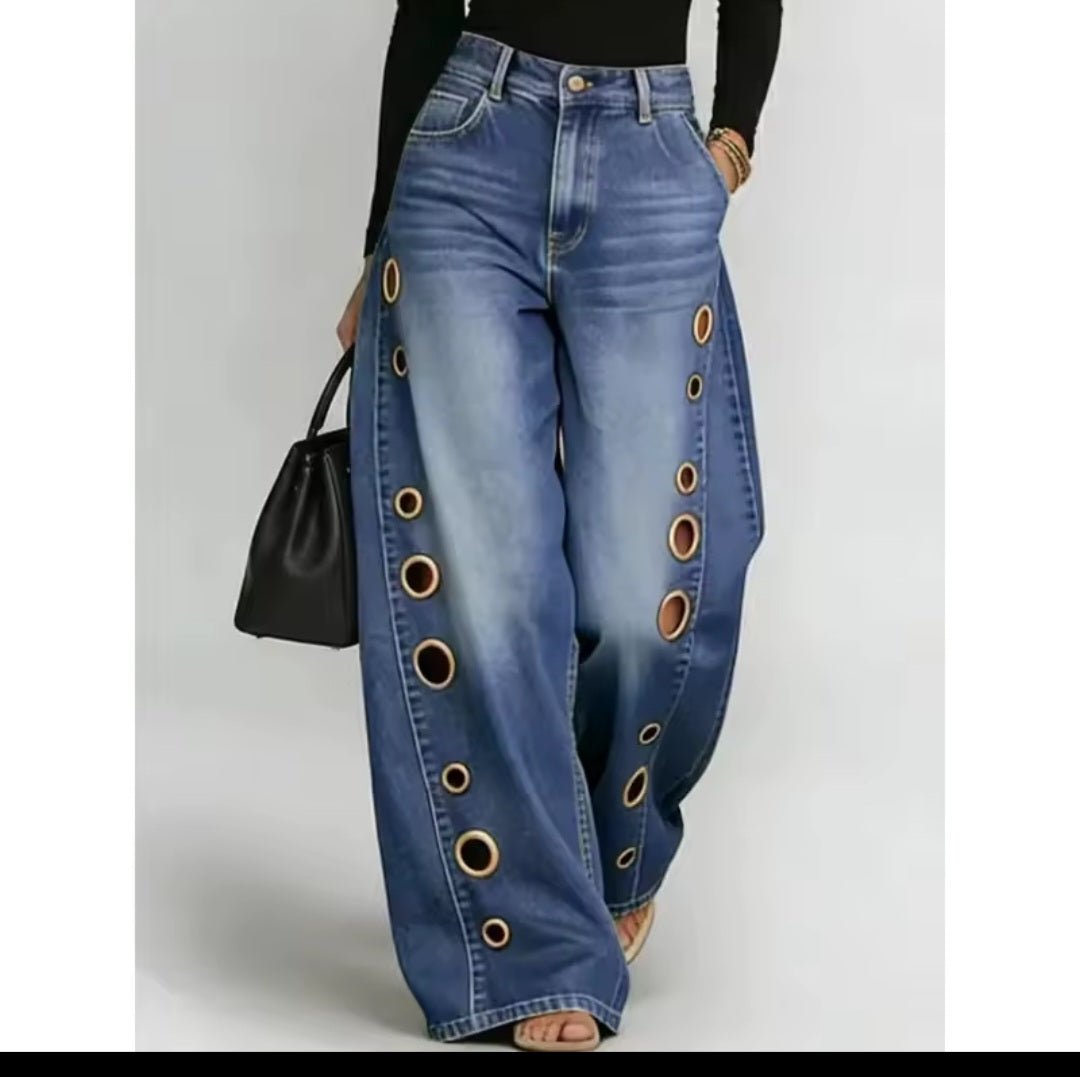 Metal Grommet Wide Leg Jeans – High - Waist Streetwear Denim - GLITCH - BELLE