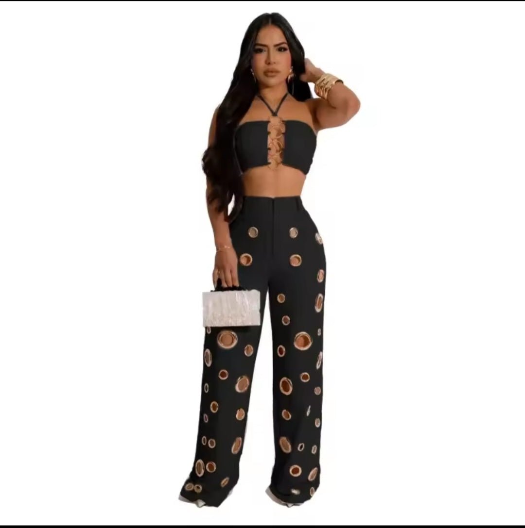 Metal Ring Hollow Out Two Piece Set – Strapless Lace - Up Halter Crop Top & Wide Leg Pants - GLITCH - BELLE