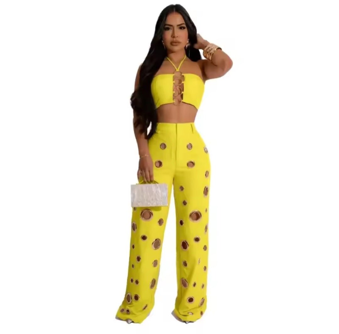Metal Ring Hollow Out Two Piece Set – Strapless Lace - Up Halter Crop Top & Wide Leg Pants - GLITCH - BELLE