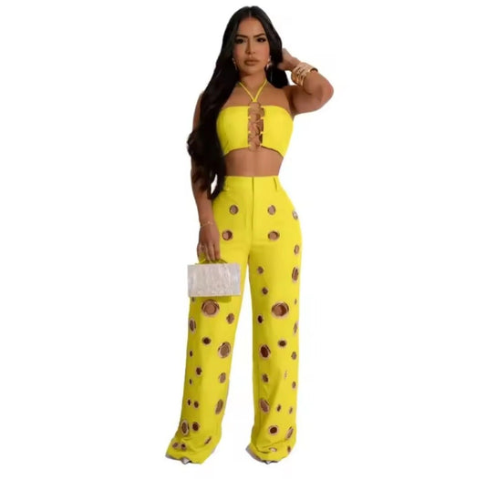 Metal Ring Hollow Out Two Piece Set – Strapless Lace - Up Halter Crop Top & Wide Leg Pants - GLITCH - BELLE