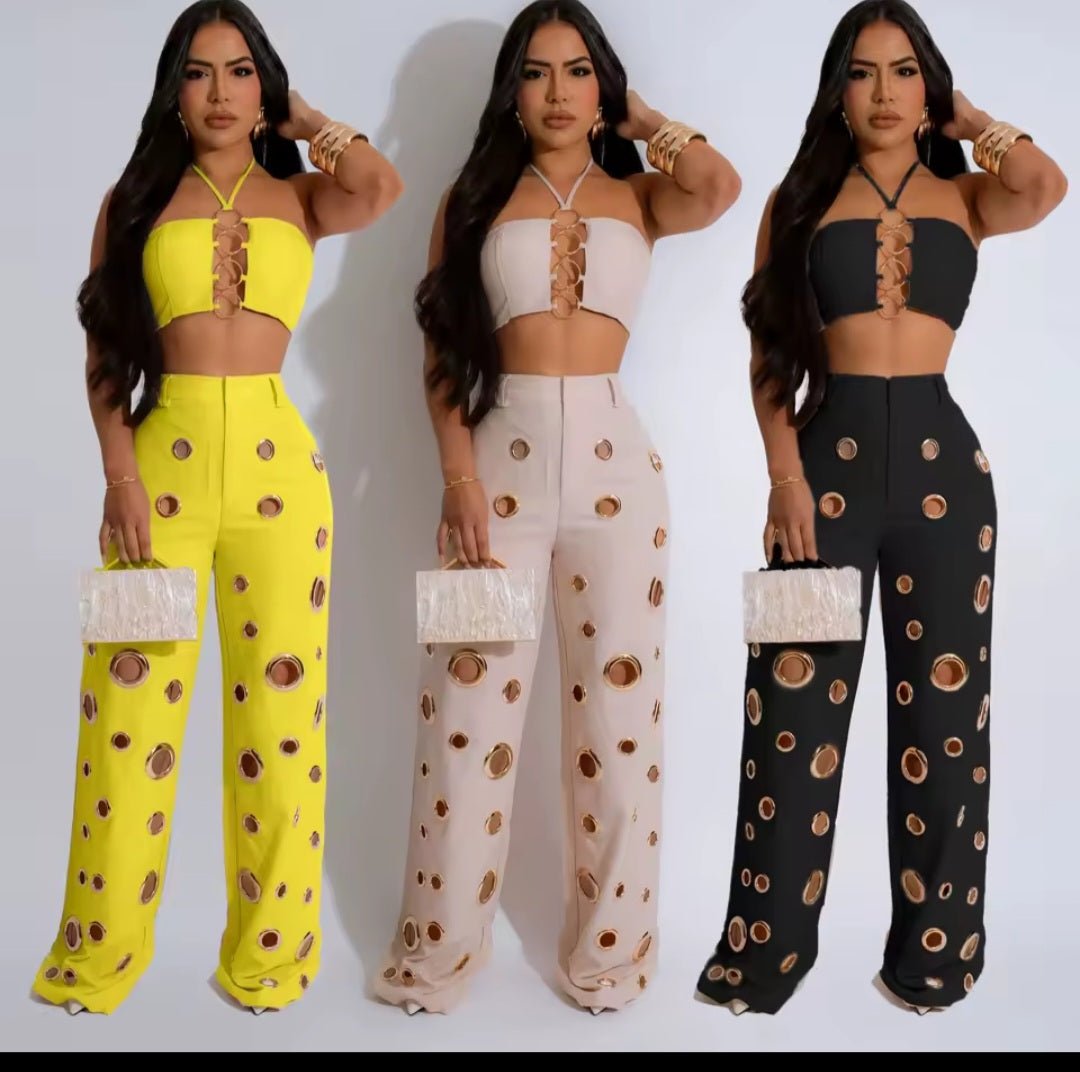 Metal Ring Hollow Out Two Piece Set – Strapless Lace - Up Halter Crop Top & Wide Leg Pants - GLITCH - BELLE