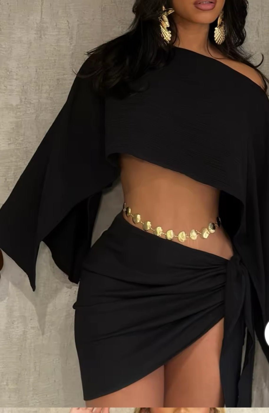 Off-Shoulder Crop Top & Wrap Mini Skirt Set - GLITCH-BELLE