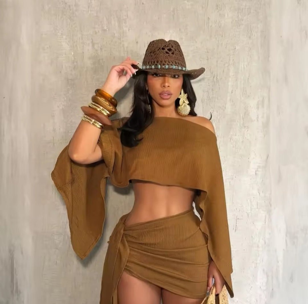 Off-Shoulder Crop Top & Wrap Mini Skirt Set - GLITCH-BELLE