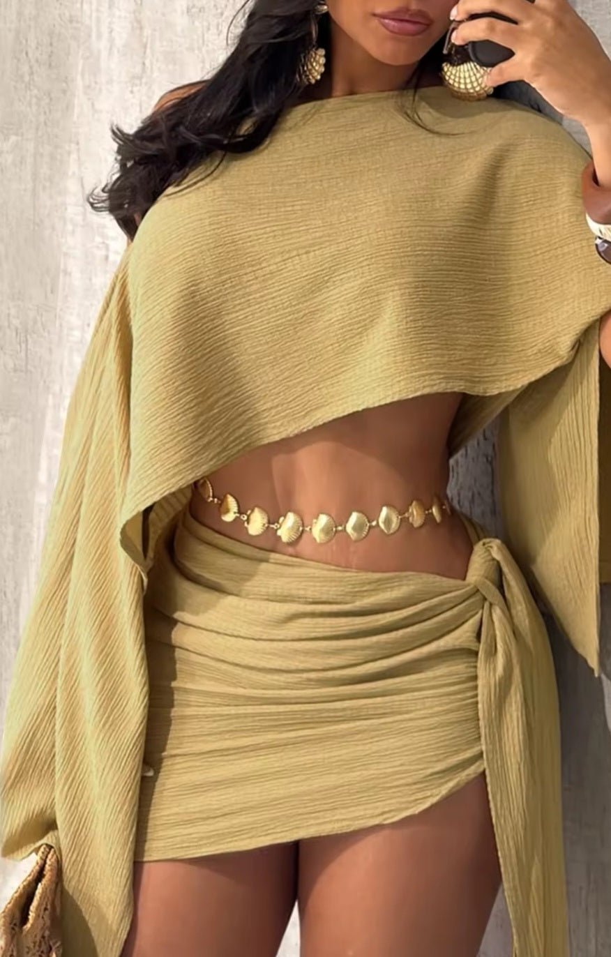 Off-Shoulder Crop Top & Wrap Mini Skirt Set - GLITCH-BELLE
