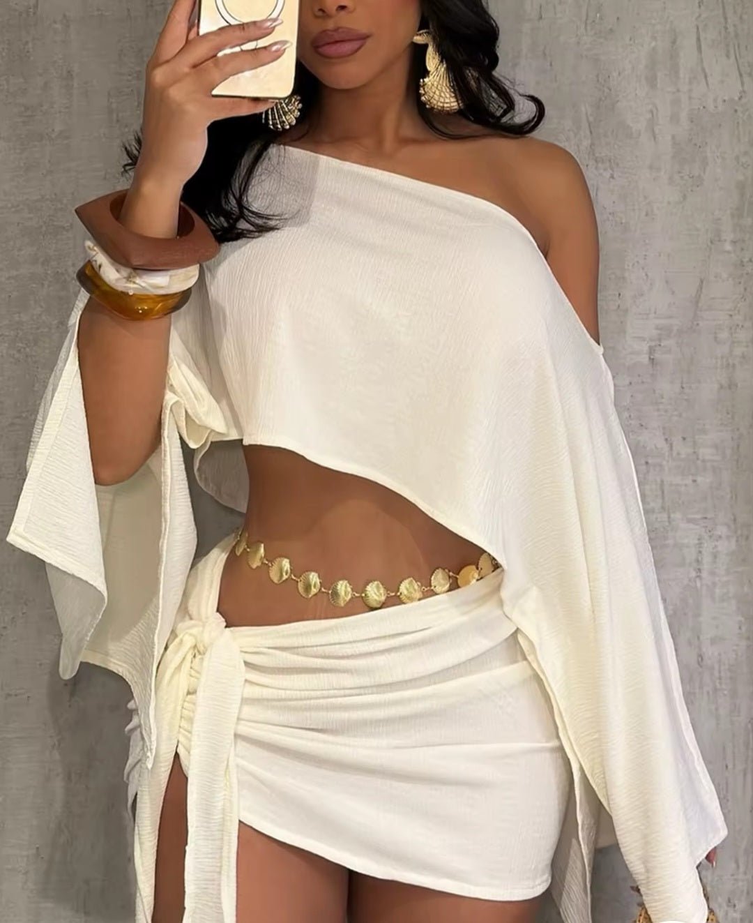 Off-Shoulder Crop Top & Wrap Mini Skirt Set - GLITCH-BELLE