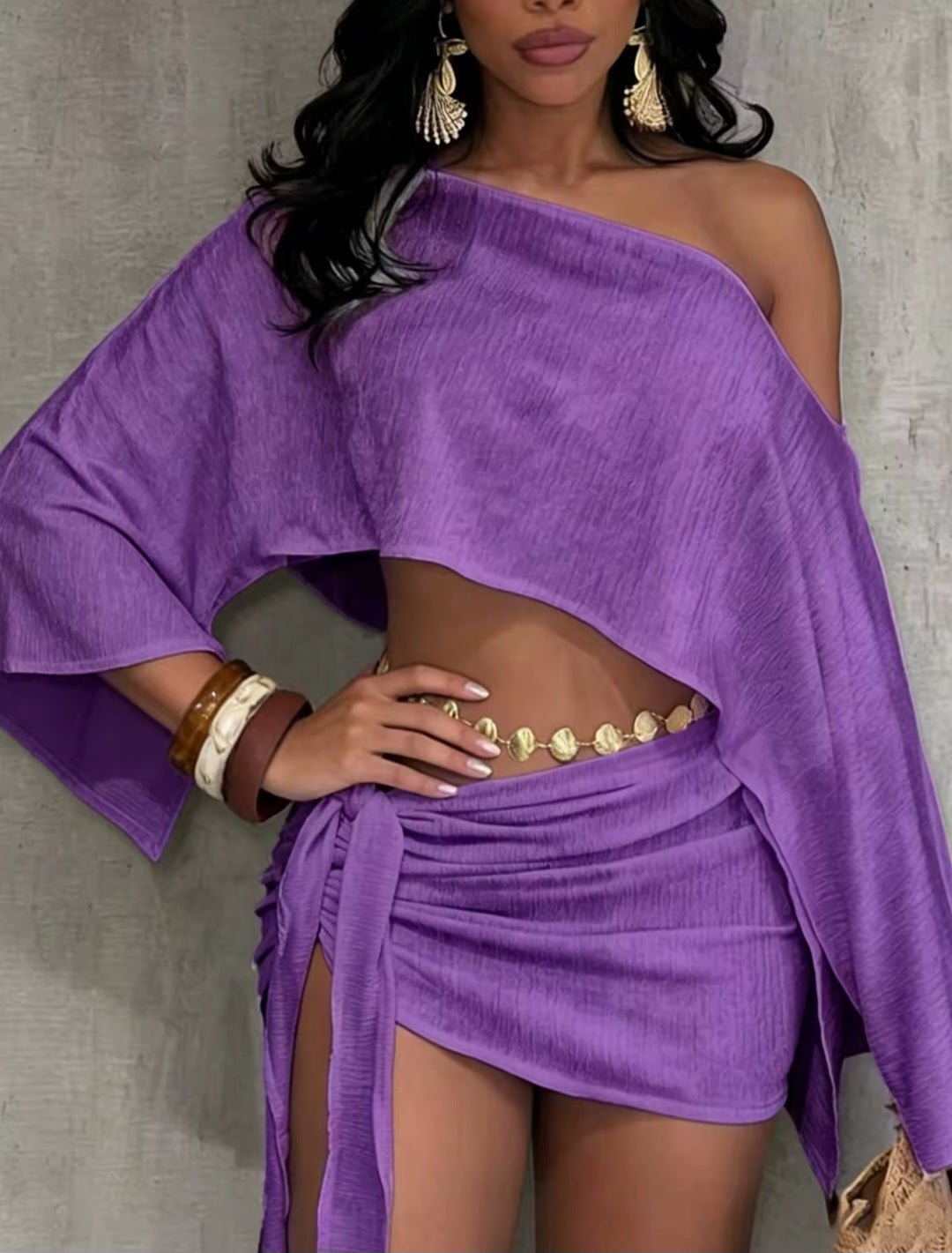 Off-Shoulder Crop Top & Wrap Mini Skirt Set - GLITCH-BELLE