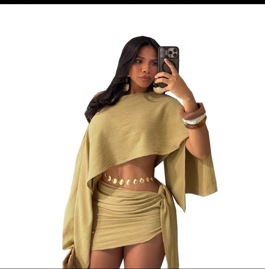 Off-Shoulder Crop Top & Wrap Mini Skirt Set - GLITCH-BELLE
