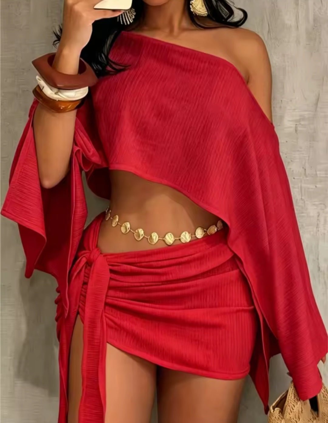 Off-Shoulder Crop Top & Wrap Mini Skirt Set - GLITCH-BELLE