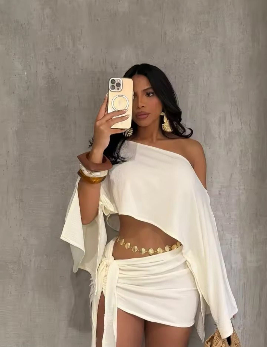 Off-Shoulder Crop Top & Wrap Mini Skirt Set - GLITCH-BELLE