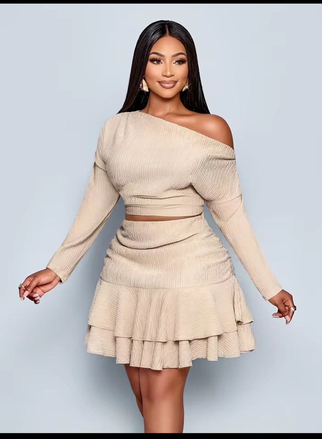 Off-Shoulder Ruffle Hem Crop Top & Mini Skirt Set – Washed Crepe - GLITCH-BELLE