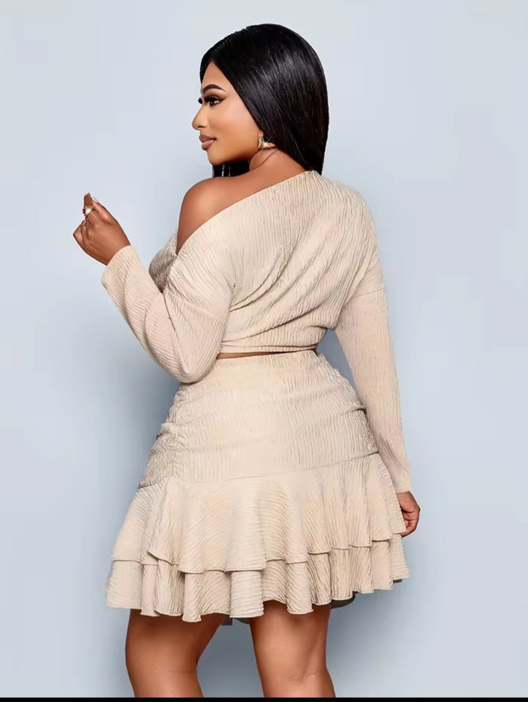 Off-Shoulder Ruffle Hem Crop Top & Mini Skirt Set – Washed Crepe - GLITCH-BELLE