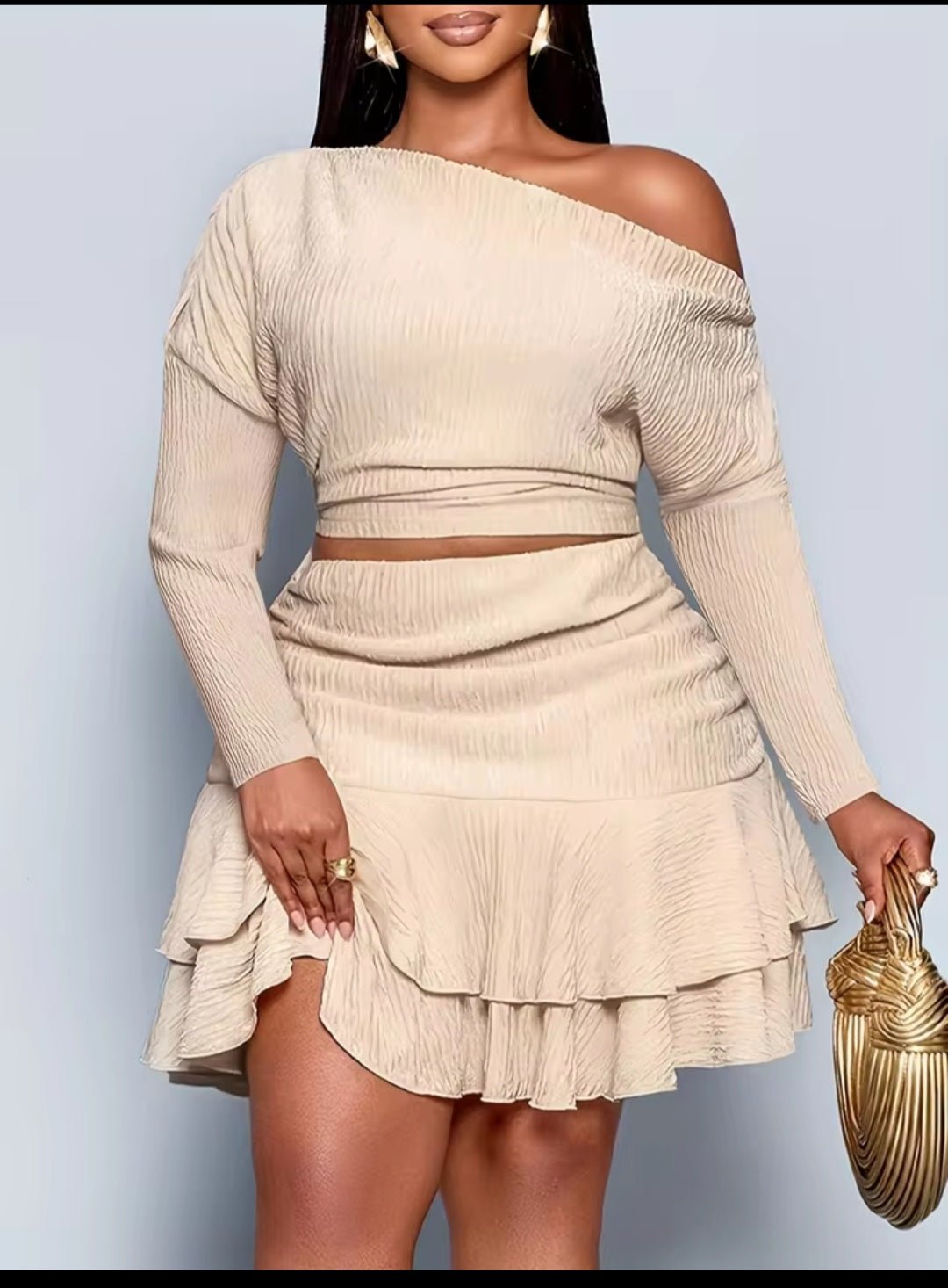 Off-Shoulder Ruffle Hem Crop Top & Mini Skirt Set – Washed Crepe - GLITCH-BELLE