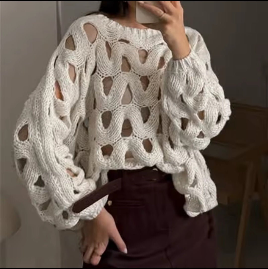 Open-Weave Chunky Knit Pullover – Wavy Cutout Lantern Sleeve - GLITCH-BELLE