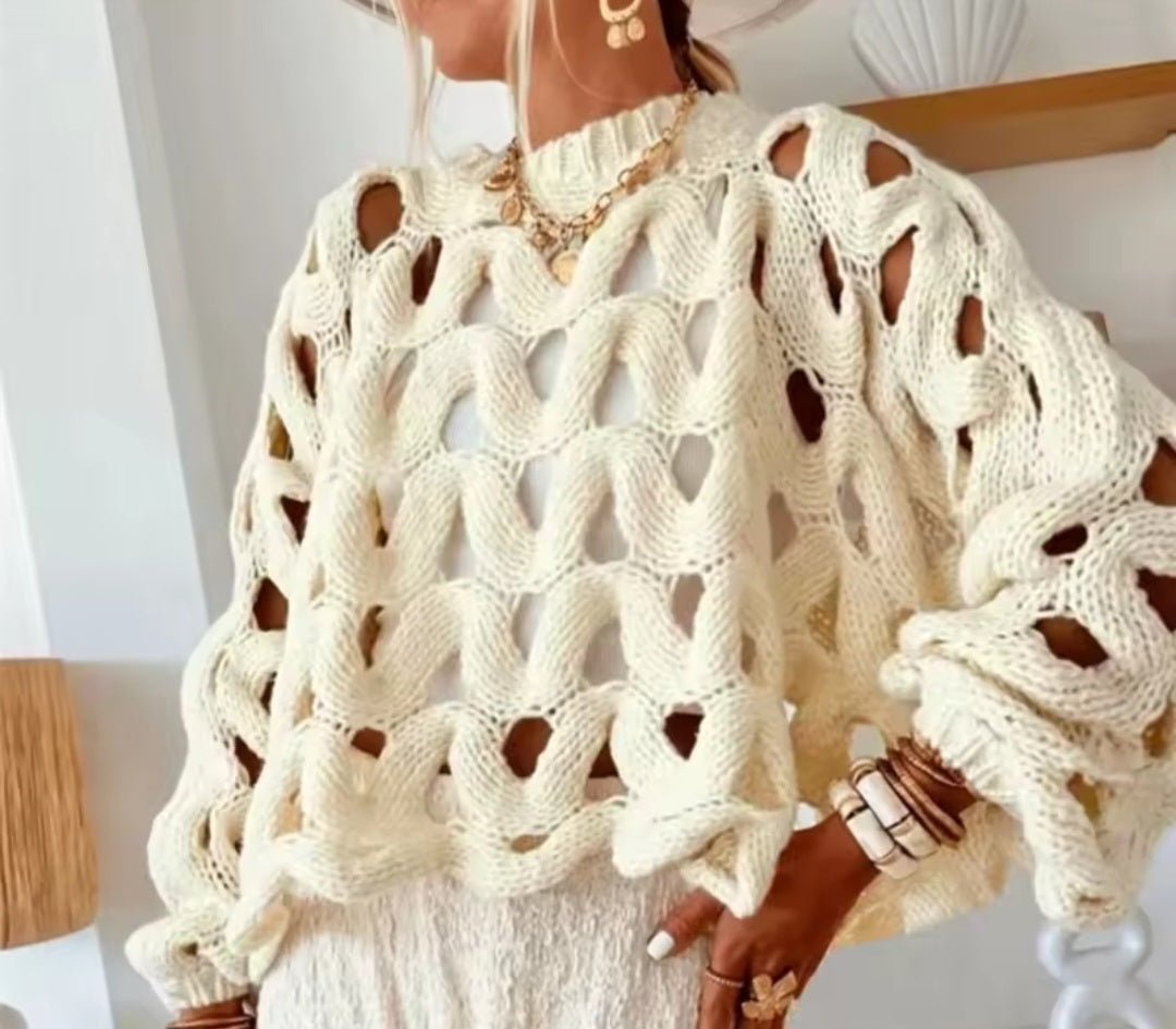 Open-Weave Chunky Knit Pullover – Wavy Cutout Lantern Sleeve - GLITCH-BELLE