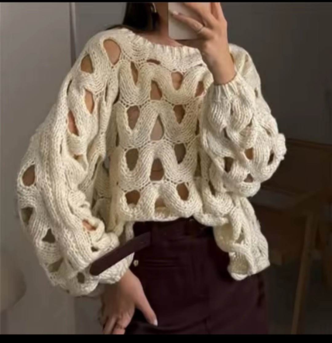 Open-Weave Chunky Knit Pullover – Wavy Cutout Lantern Sleeve - GLITCH-BELLE