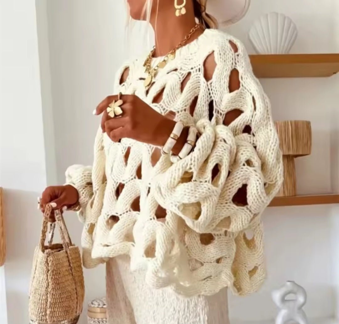 Open-Weave Chunky Knit Pullover – Wavy Cutout Lantern Sleeve - GLITCH-BELLE