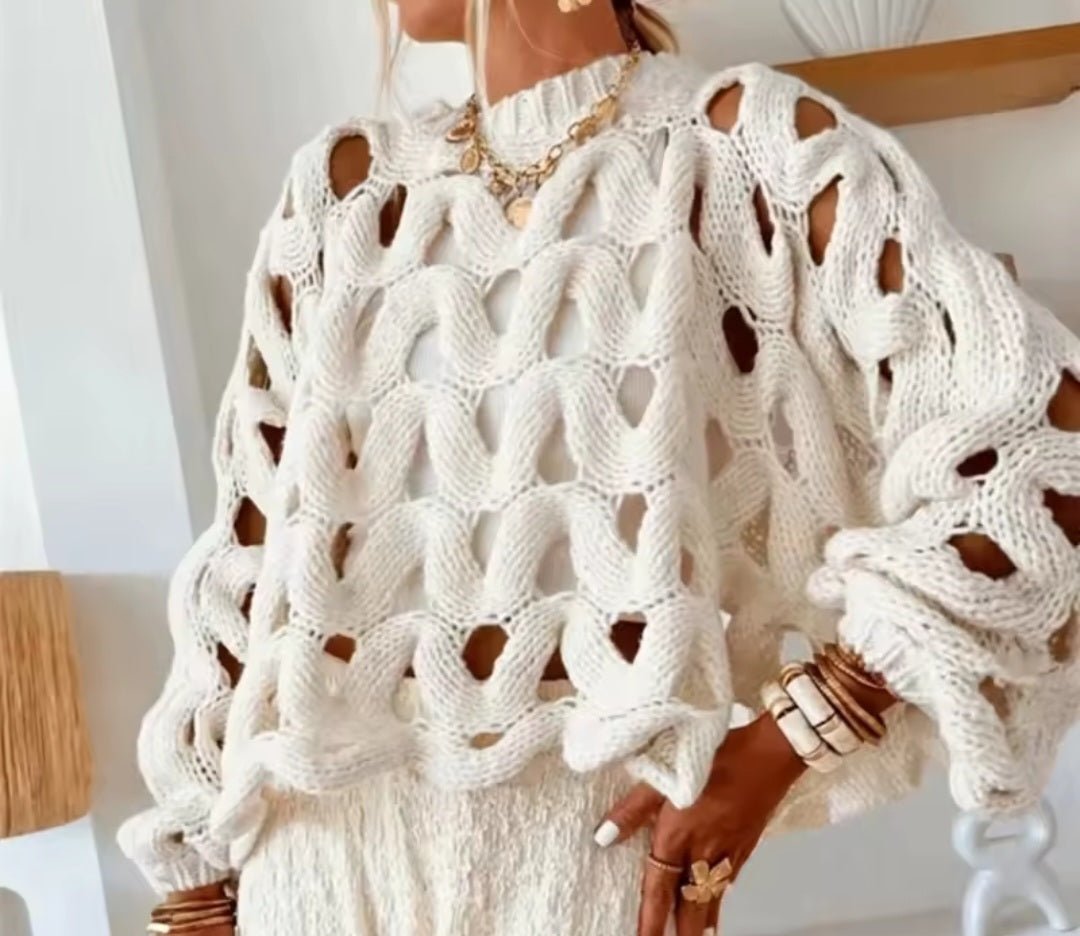 Open-Weave Chunky Knit Pullover – Wavy Cutout Lantern Sleeve - GLITCH-BELLE