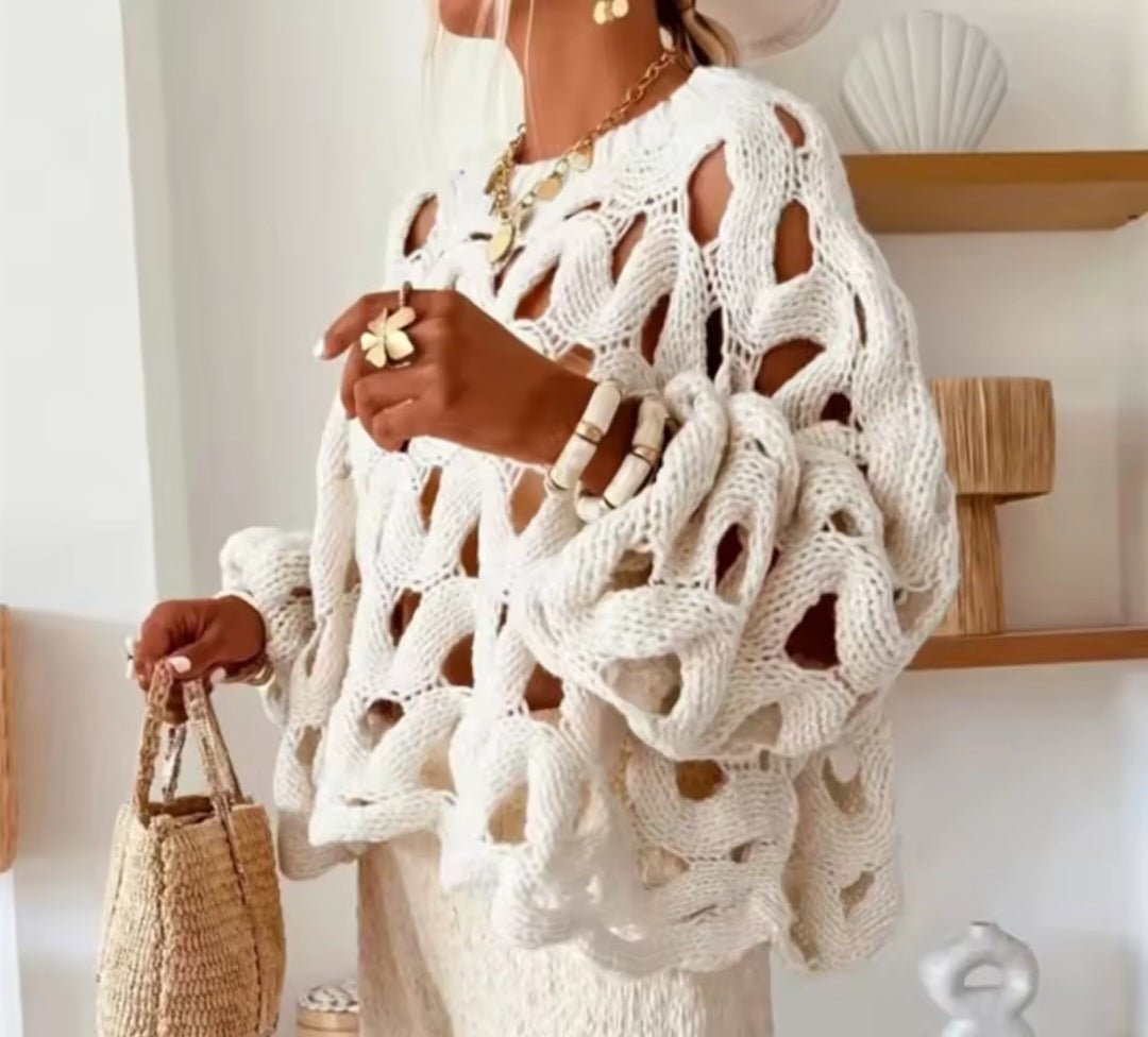 Open-Weave Chunky Knit Pullover – Wavy Cutout Lantern Sleeve - GLITCH-BELLE
