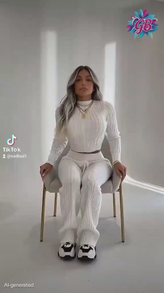 video of model sitting in a chair in a winter set with AI next to her