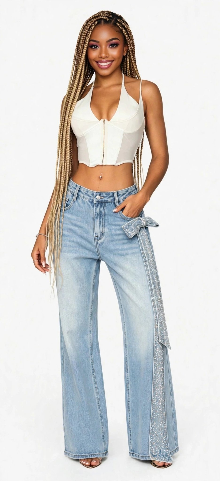 Rhinestone Crystal Bow Wide-Leg Jeans - GLITCH-BELLE