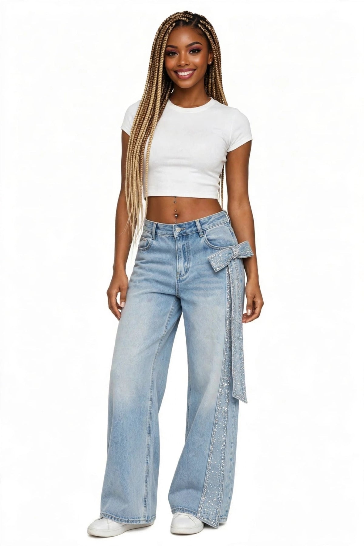 Rhinestone Crystal Bow Wide-Leg Jeans - GLITCH-BELLE