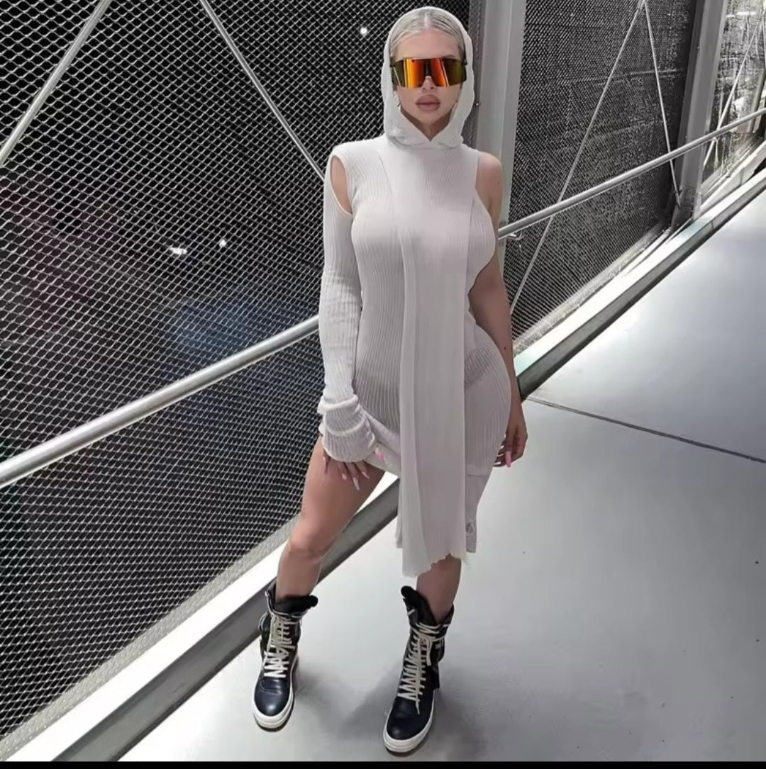 Ribbed Hooded Cold-Shoulder Midi Dress – Skinny Knit Streetwear - GLITCH-BELLE