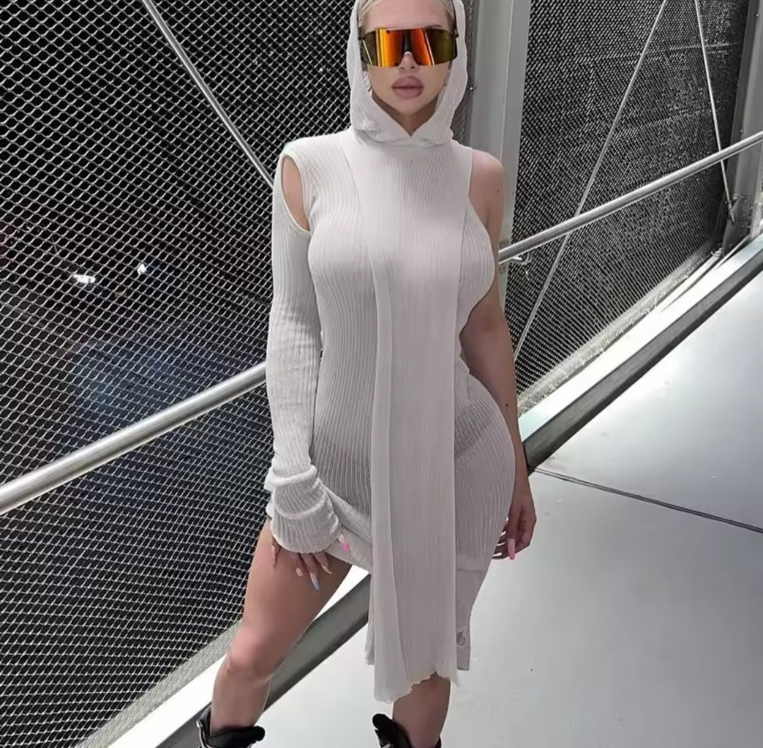 Ribbed Hooded Cold-Shoulder Midi Dress – Skinny Knit Streetwear - GLITCH-BELLE