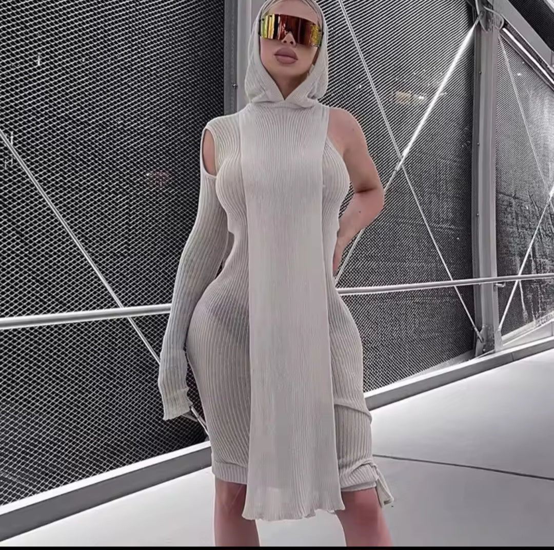 Ribbed Hooded Cold-Shoulder Midi Dress – Skinny Knit Streetwear - GLITCH-BELLE