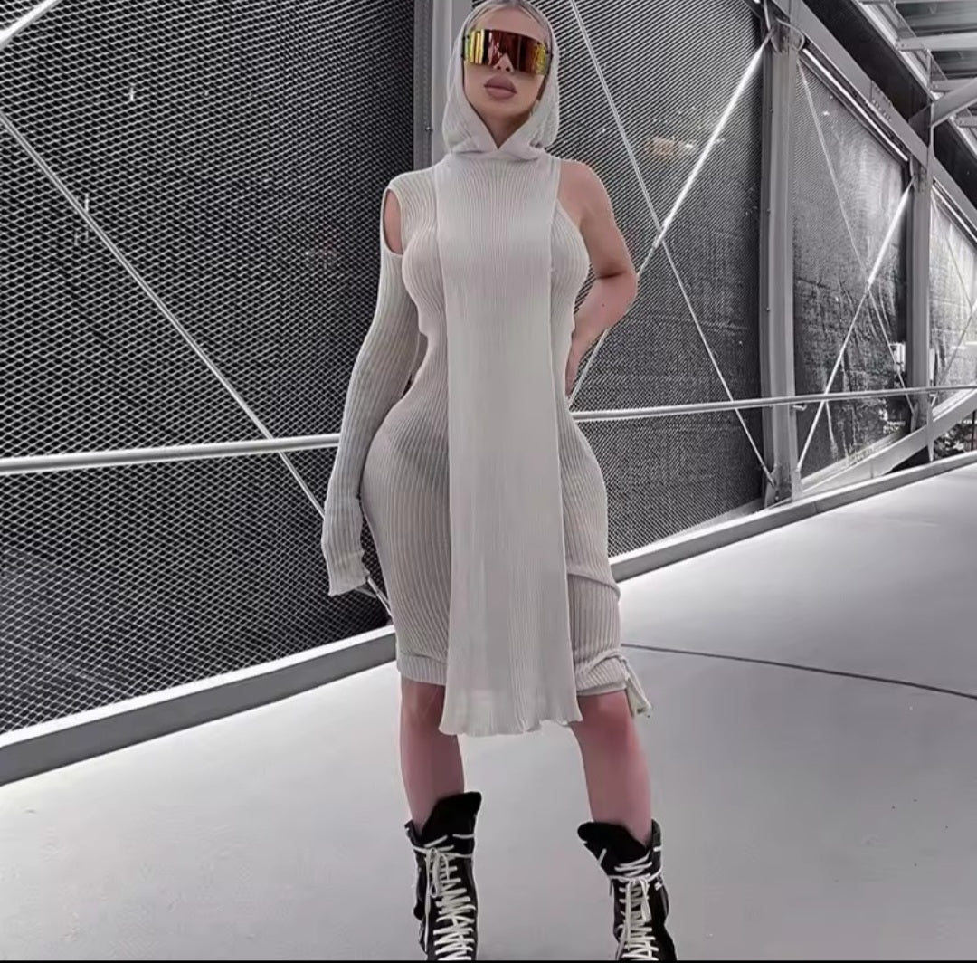 Ribbed Hooded Cold-Shoulder Midi Dress – Skinny Knit Streetwear - GLITCH-BELLE