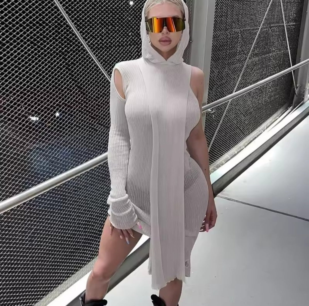 Ribbed Hooded Cold-Shoulder Midi Dress – Skinny Knit Streetwear - GLITCH-BELLE